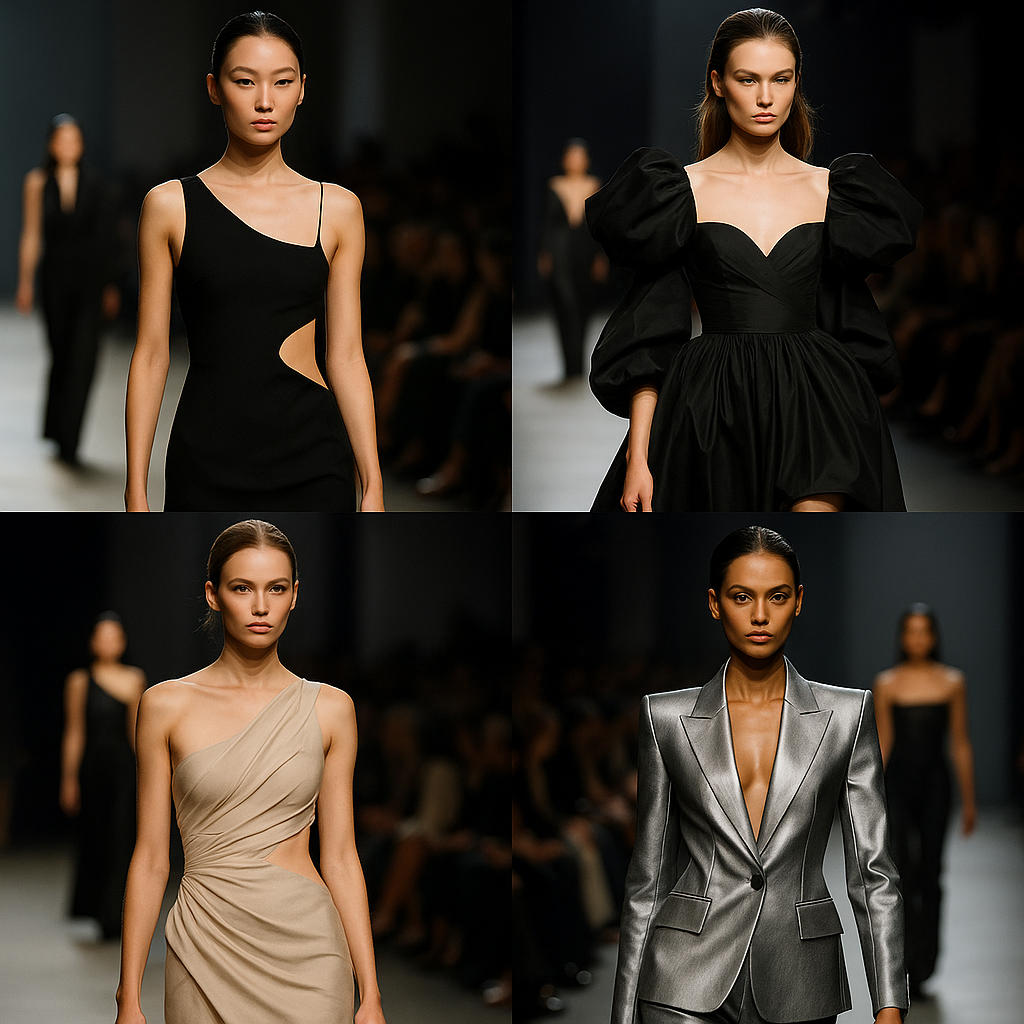 Models on a glamorous fashion show, walking on the catwalk with stylish, colorful outfits and striking lighting.