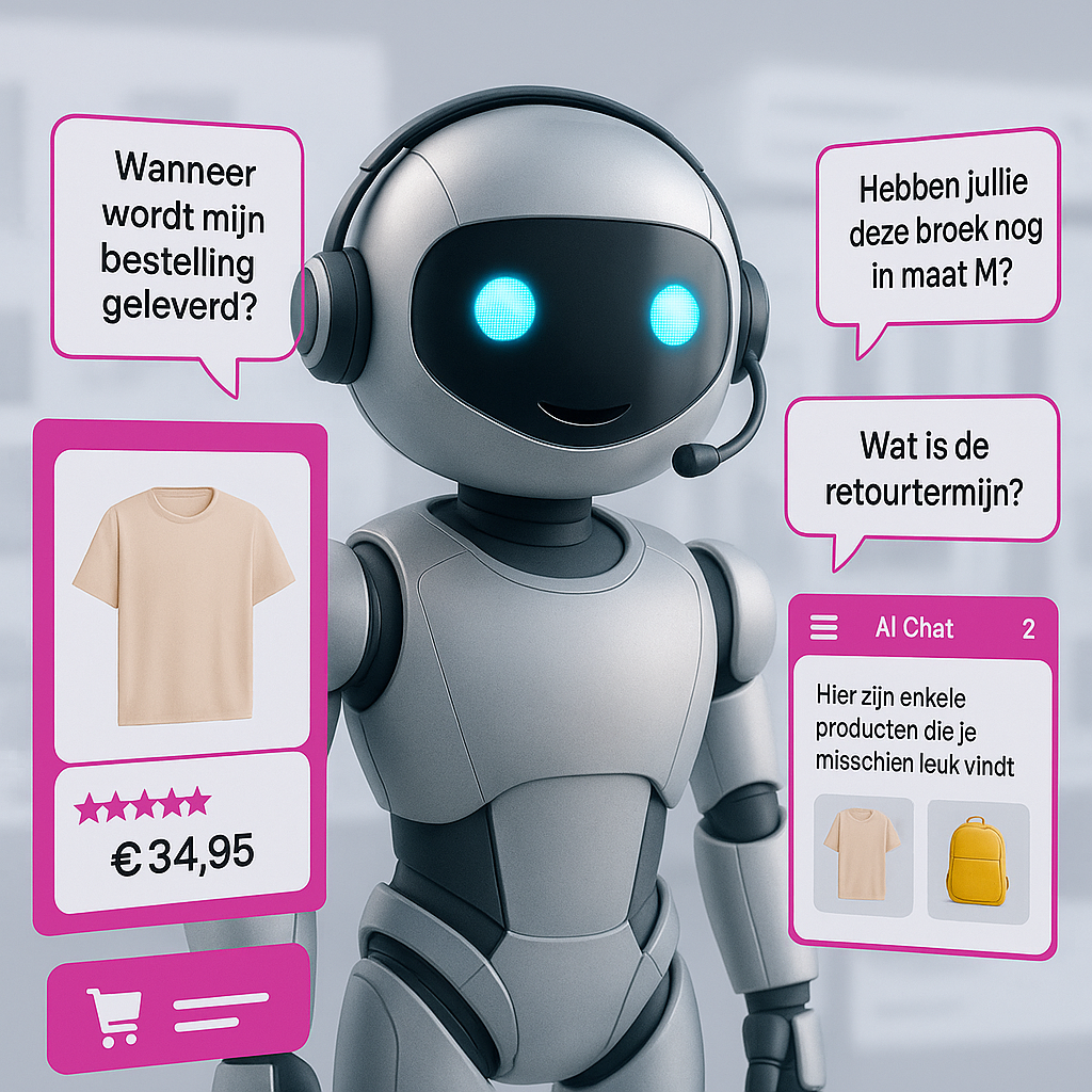 AI-chatbot die e-commerce ondersteunt door gepersonaliseerde productaanbevelingen te geven en klantvragen direct te beantwoorden, met pictogrammen van winkelwagentjes, chatbubbels en productafbeeldingen