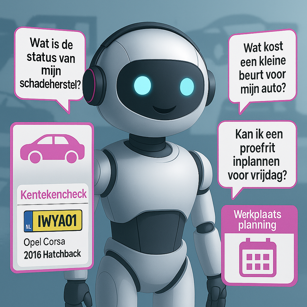 AI-chatbot die autogarages en schadeherstelbedrijven helpt met het automatiseren van klantintake, afsprakenplanning en 24/7 klantenservice, weergegeven met een auto, chatbot-icoon en agenda