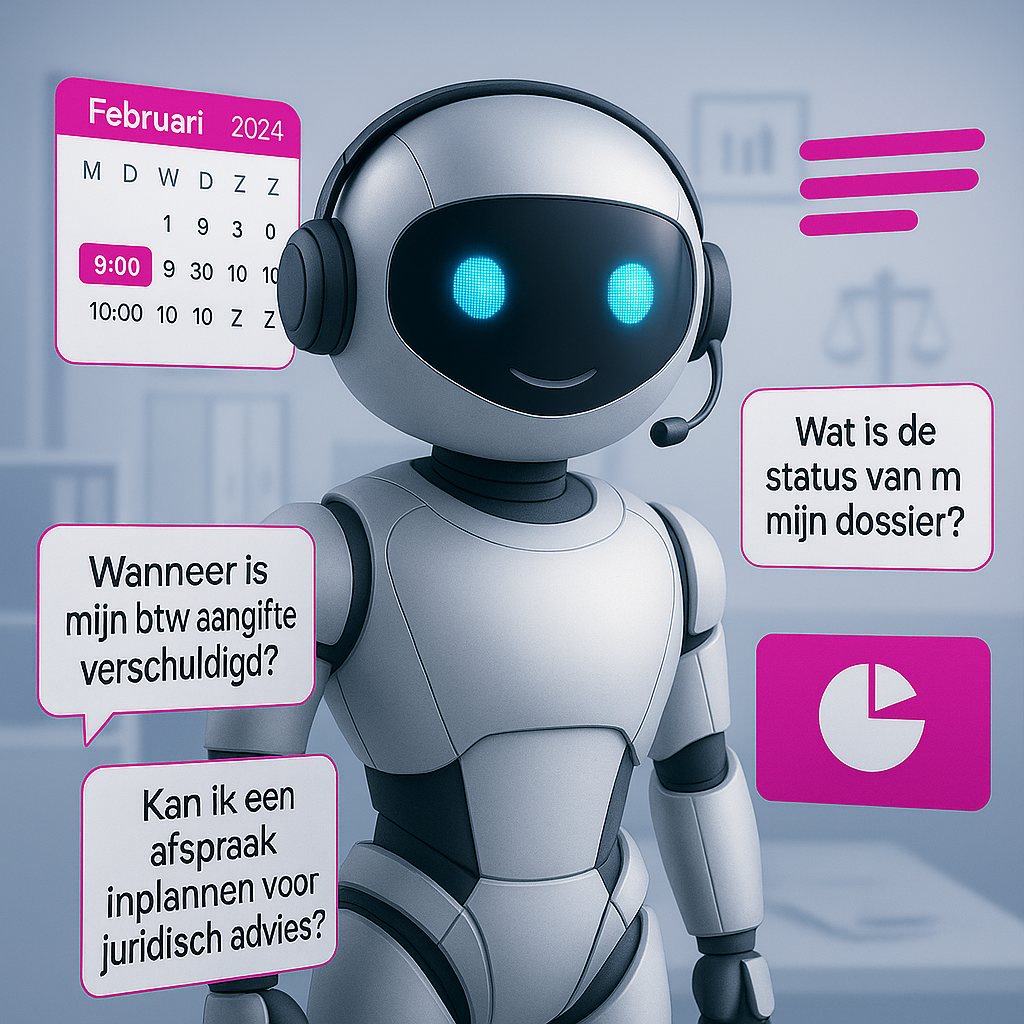 AI-chatbot die accountants- en advocatenkantoren helpt met klantenservice, documentbeheer en afspraakplanning, weergegeven met een professionele kantooromgeving en digitale communicatie-icoontjes.
