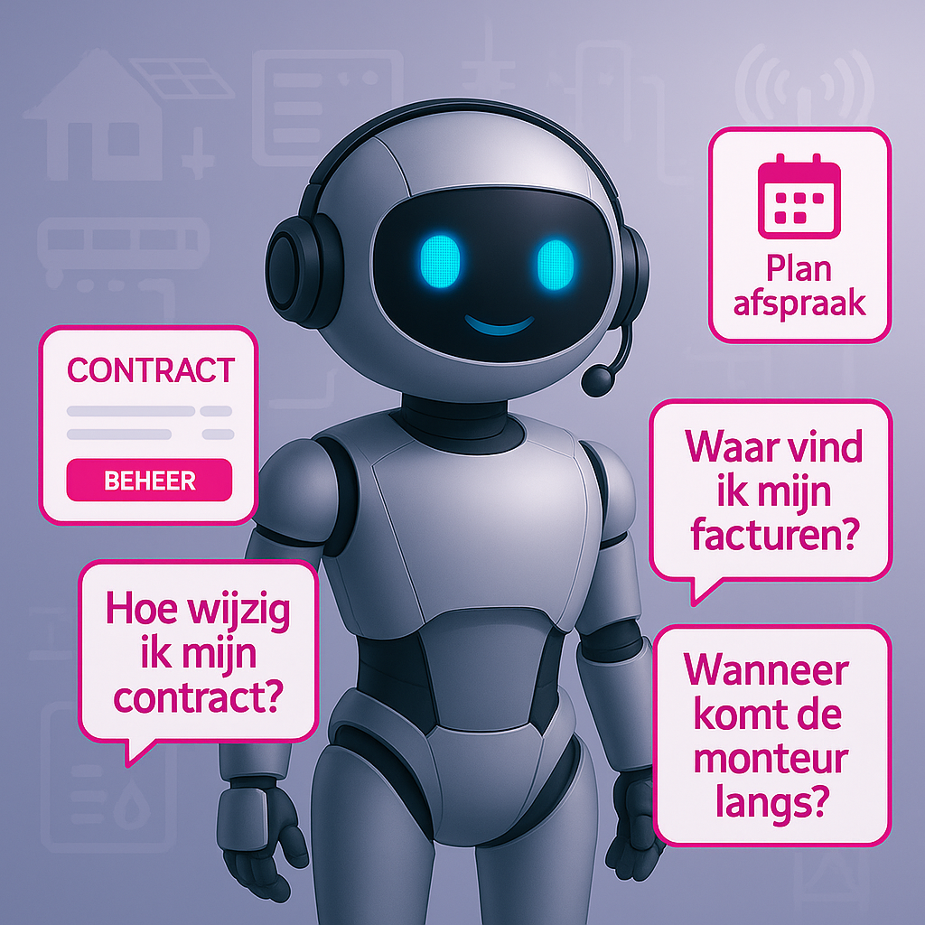 AI-chatbot die klantenservice ondersteunt voor energie-, installatie-, water- en telecombedrijven, met iconen van telefoons, facturen, afspraken en klantenondersteuning.