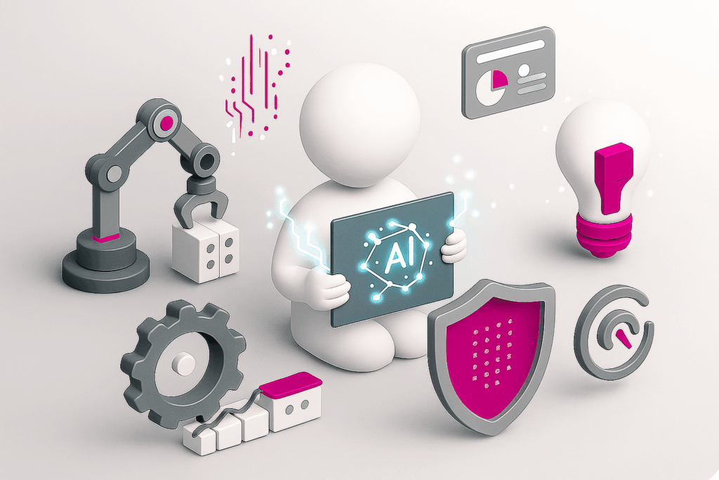 "3D isometric image of AI consultancy with automation, innovation, risk management and market analysis in magenta and gray tones